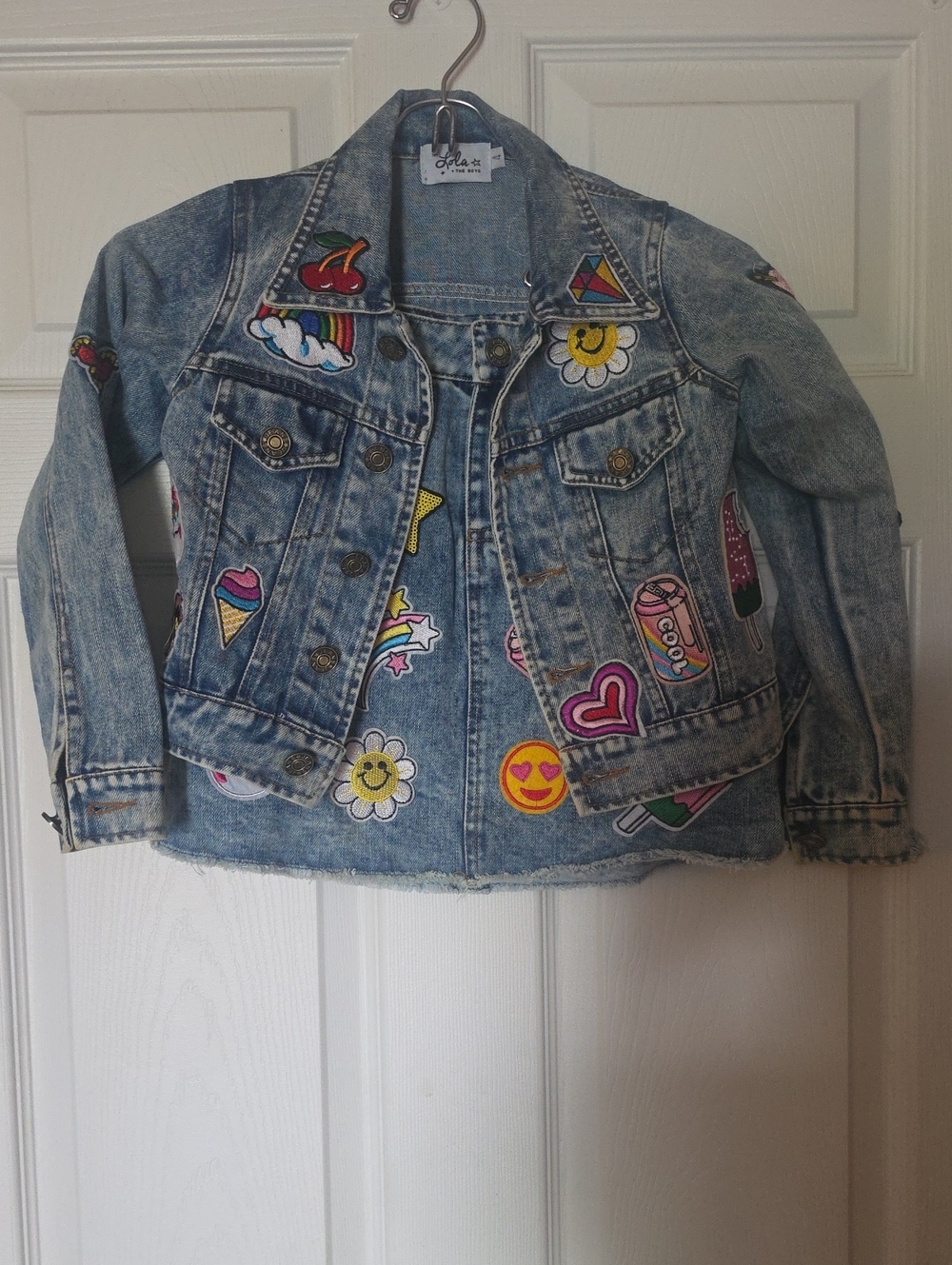 Lola + The Boys Light Blue Denim Jacket with Colorful Patchwork